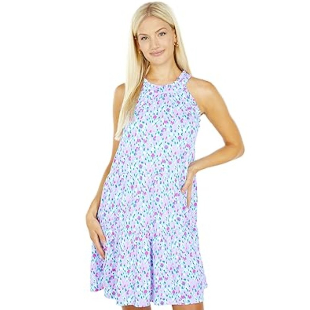 Lilly Pulitzer Etta Tiered Halter Dress Blue Pink Abstract Print Womens Small